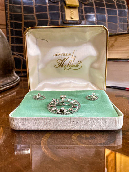 Vintage Sterling Silver Rhinestone Helene Clock Face Earring Brooch Pendant Set