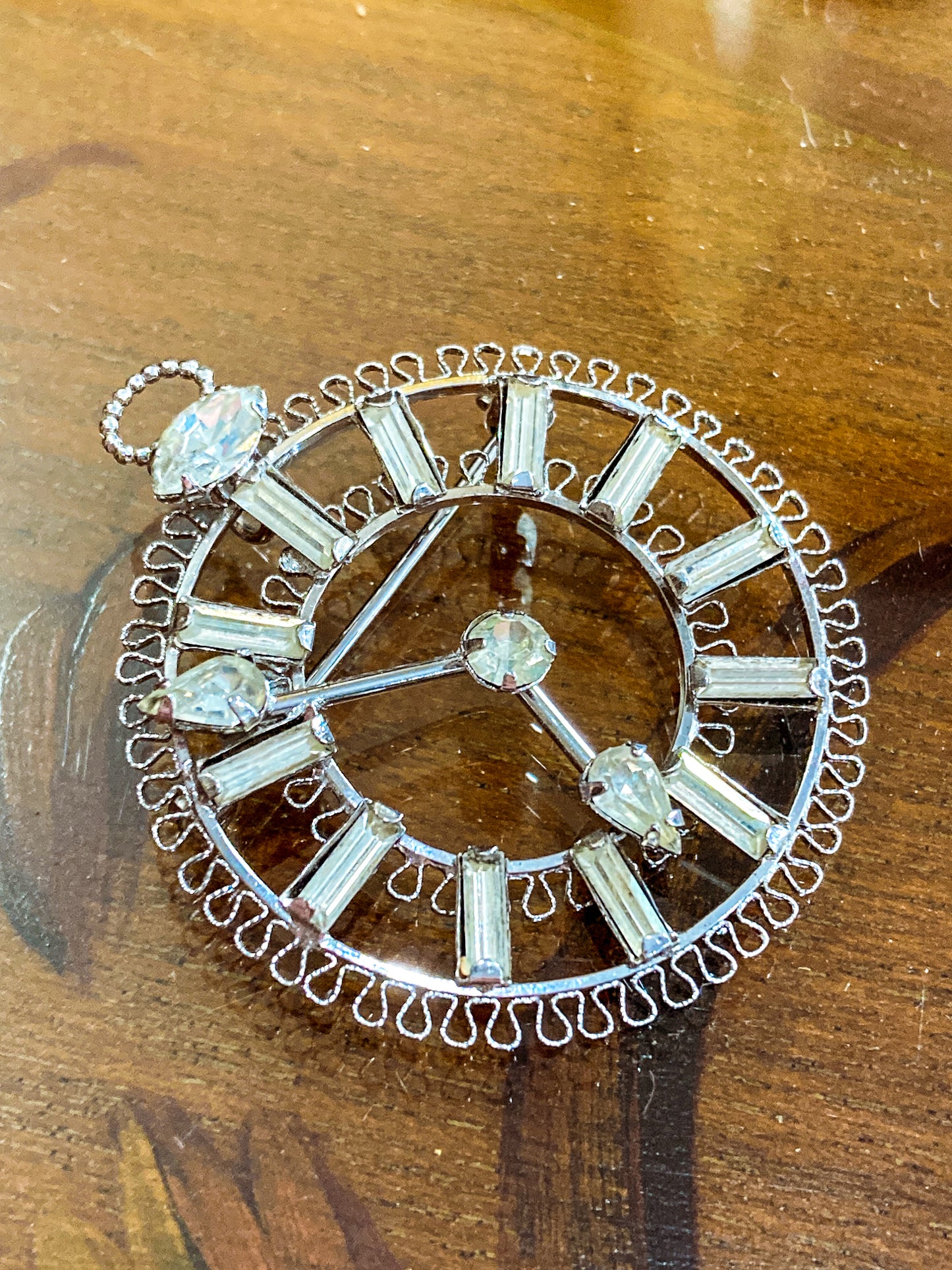 Vintage Sterling Silver Rhinestone Helene Clock Face Earring Brooch Pendant Set