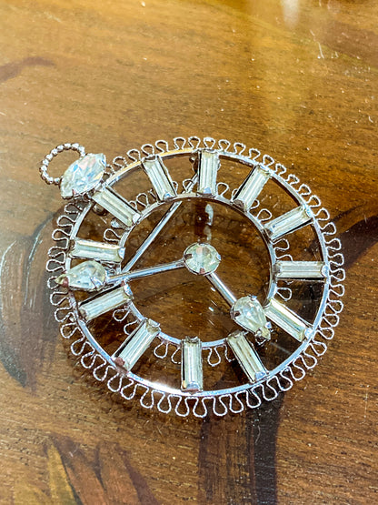 Vintage Sterling Silver Rhinestone Helene Clock Face Earring Brooch Pendant Set