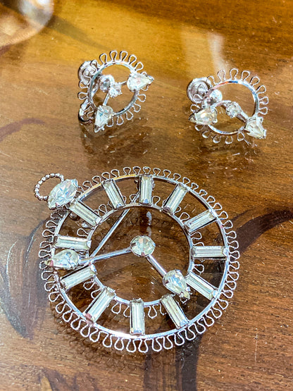 Vintage Sterling Silver Rhinestone Helene Clock Face Earring Brooch Pendant Set