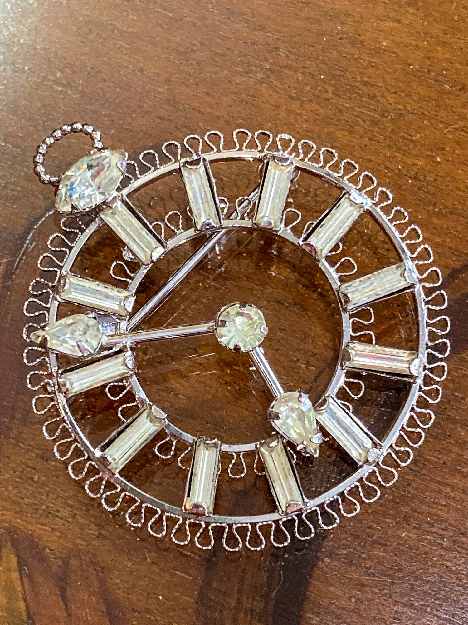Vintage Sterling Silver Rhinestone Helene Clock Face Earring Brooch Pendant Set