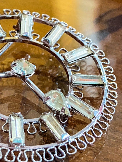 Vintage Sterling Silver Rhinestone Helene Clock Face Earring Brooch Pendant Set
