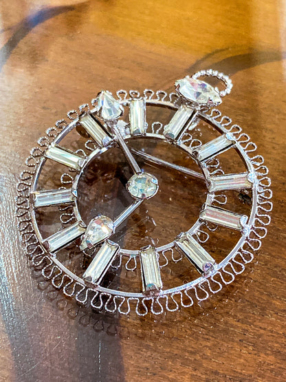 Vintage Sterling Silver Rhinestone Helene Clock Face Earring Brooch Pendant Set