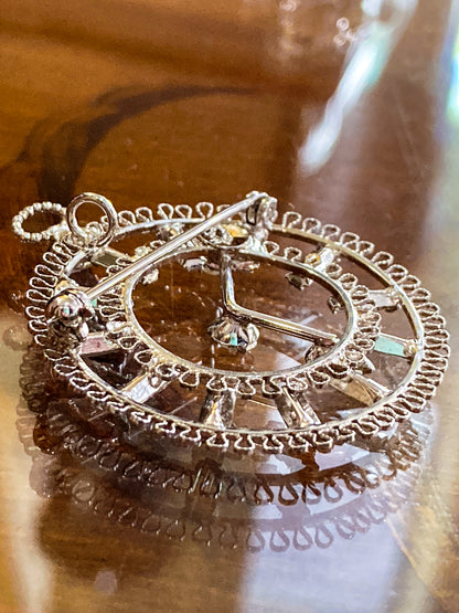 Vintage Sterling Silver Rhinestone Helene Clock Face Earring Brooch Pendant Set