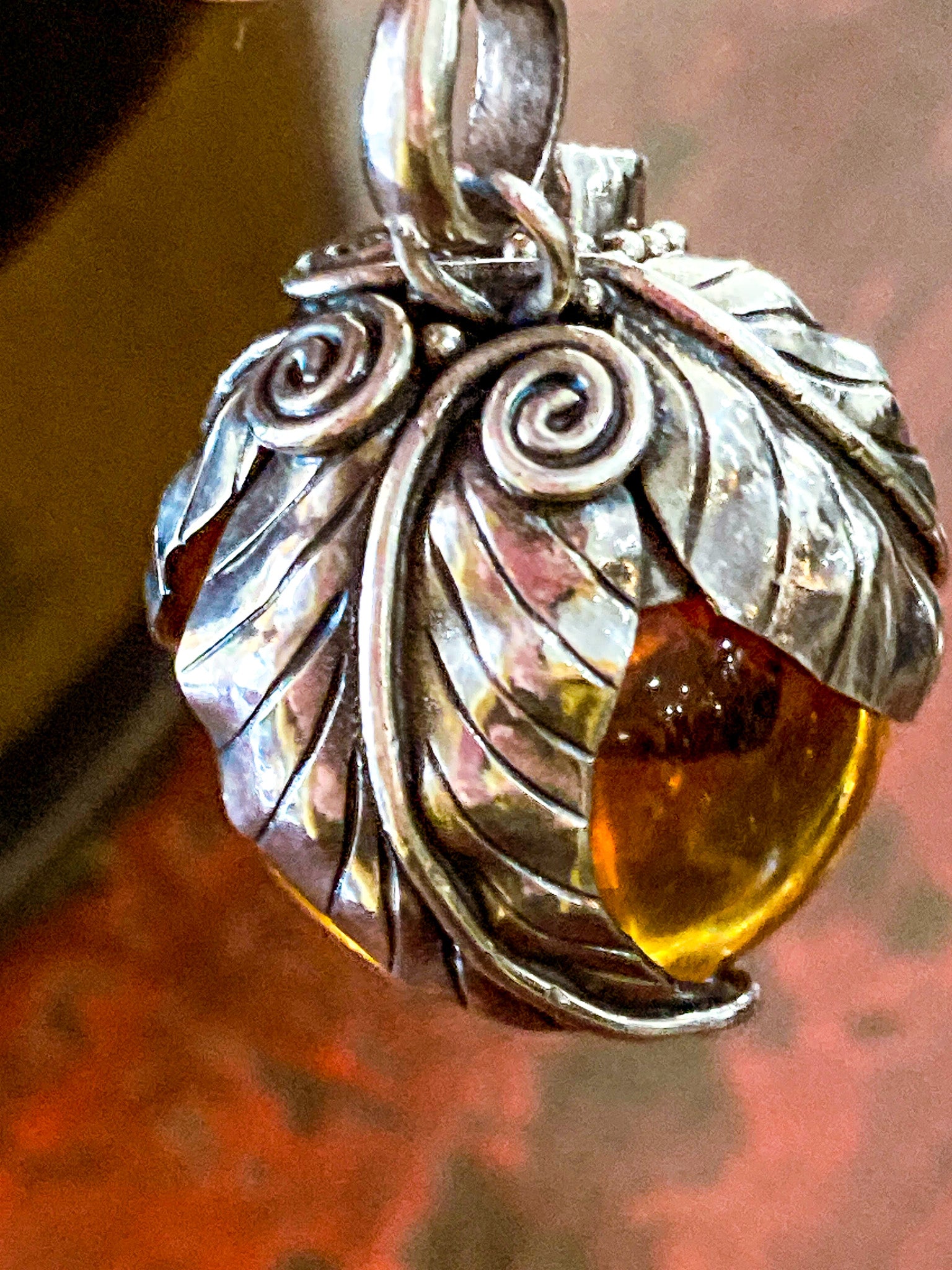 Vintage Art Deco Sterling sold Silver Amber Glass Necklace