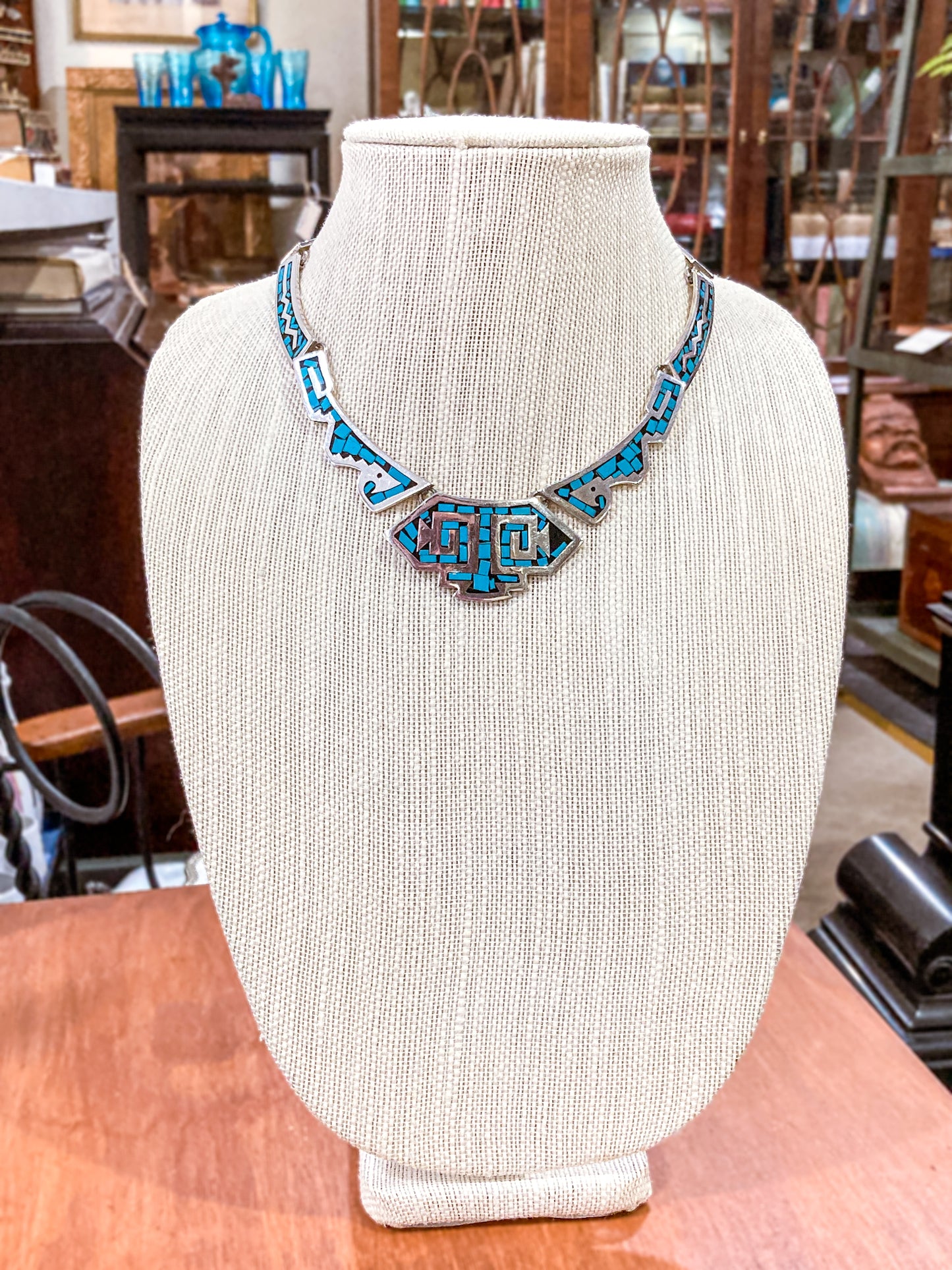 Vintage TAXCO Sterling Silver Turquoise Mosaic Inlay Segmented Necklace