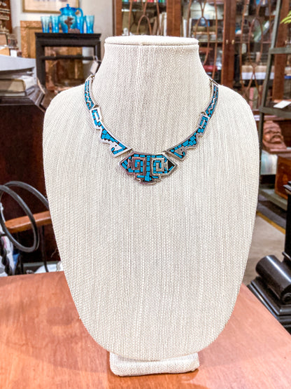 Vintage TAXCO Sterling Silver Turquoise Mosaic Inlay Segmented Necklace