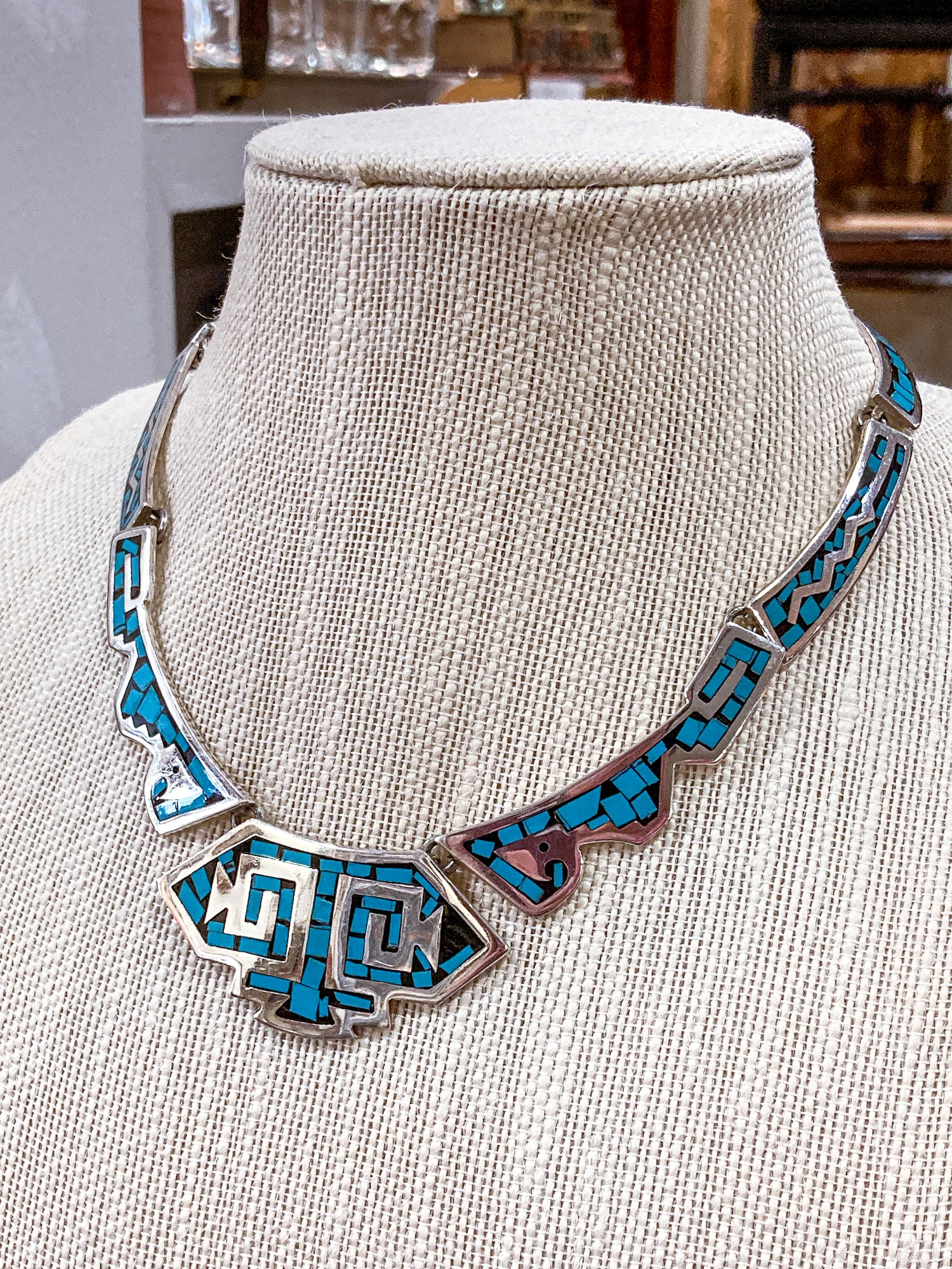 Vintage TAXCO Sterling Silver Turquoise Mosaic Inlay Segmented Necklace
