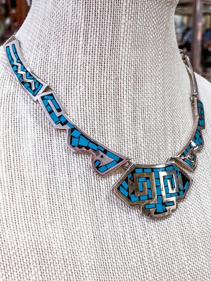 Vintage TAXCO Sterling Silver Turquoise Mosaic Inlay Segmented Necklace