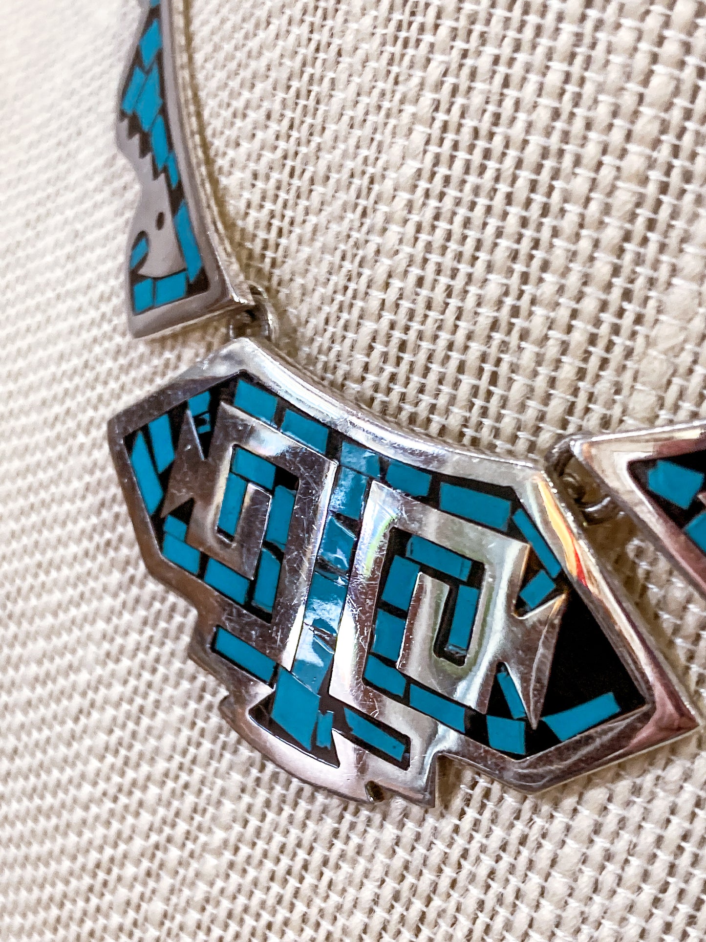 Vintage TAXCO Sterling Silver Turquoise Mosaic Inlay Segmented Necklace