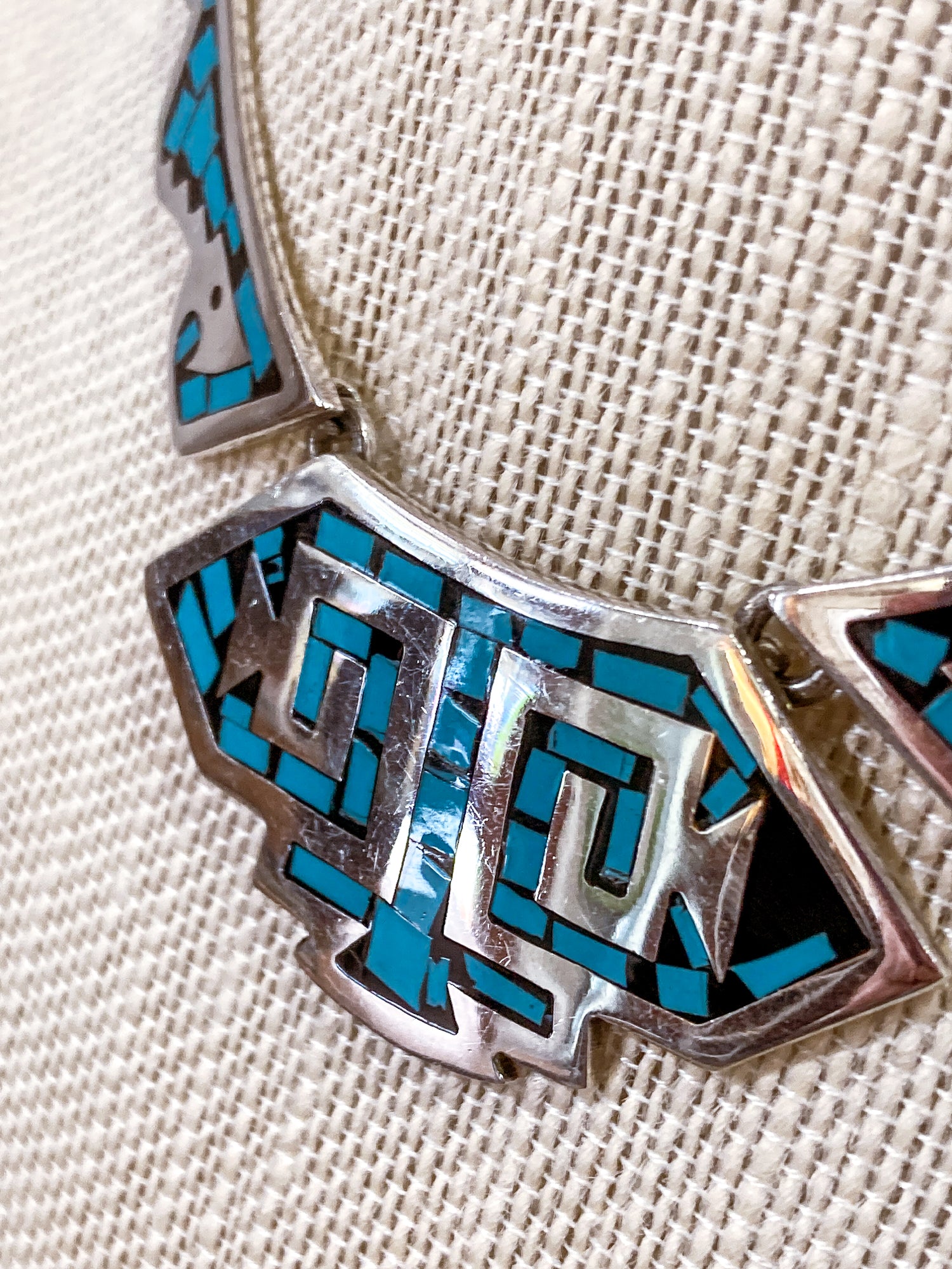 Vintage TAXCO Sterling Silver Turquoise Mosaic Inlay Segmented Necklace