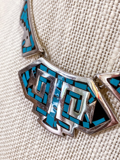 Vintage TAXCO Sterling Silver Turquoise Mosaic Inlay Segmented Necklace