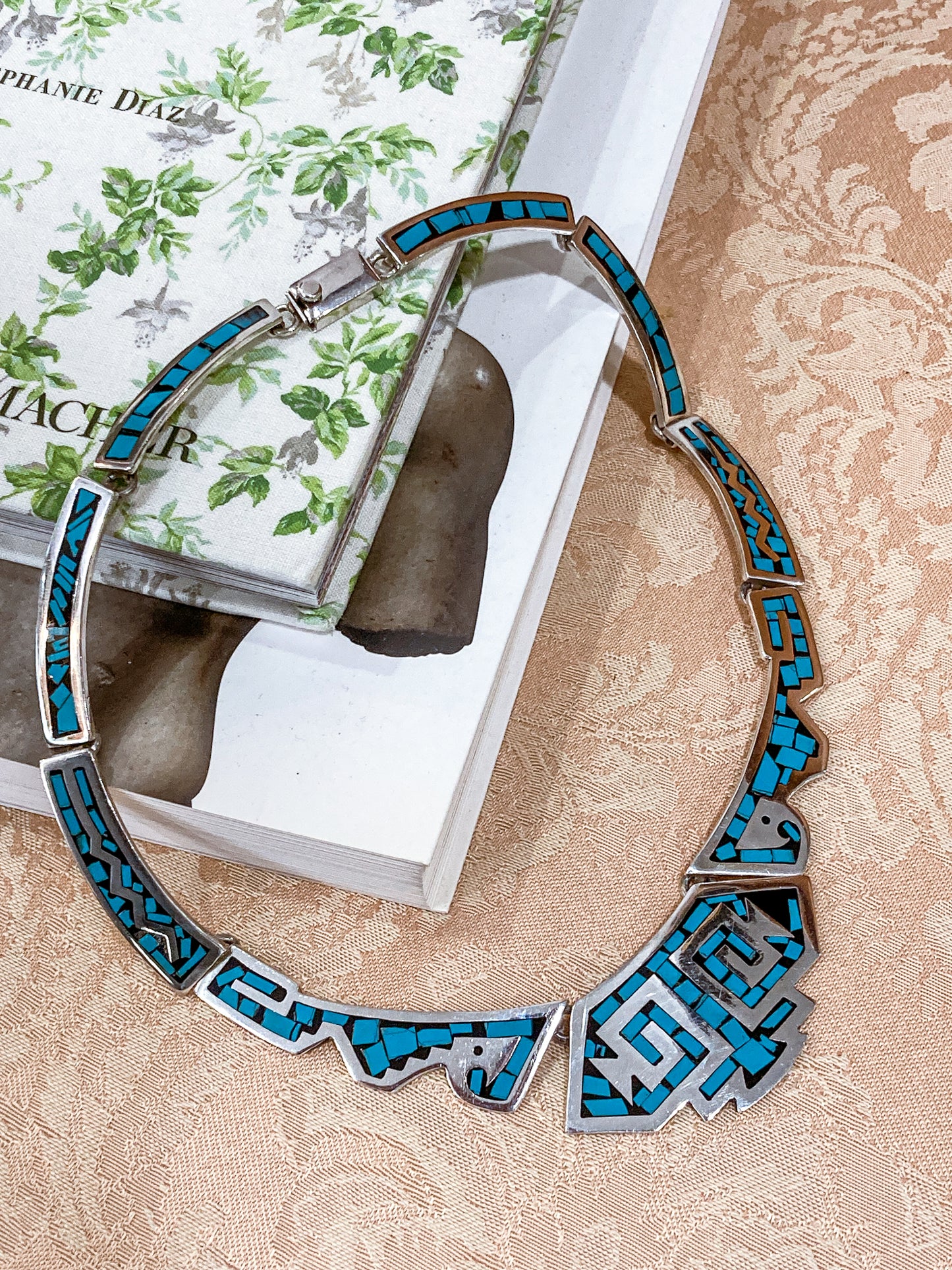 Vintage TAXCO Sterling Silver Turquoise Mosaic Inlay Segmented Necklace