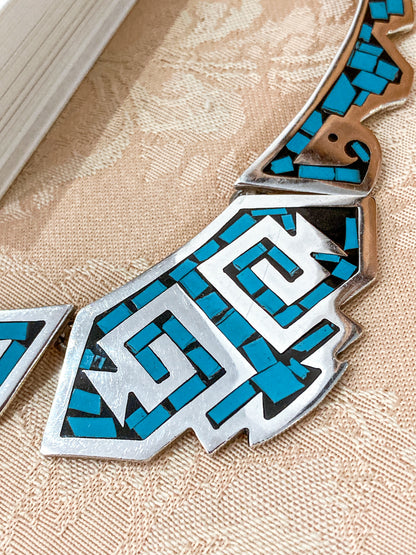 Vintage TAXCO Sterling Silver Turquoise Mosaic Inlay Segmented Necklace