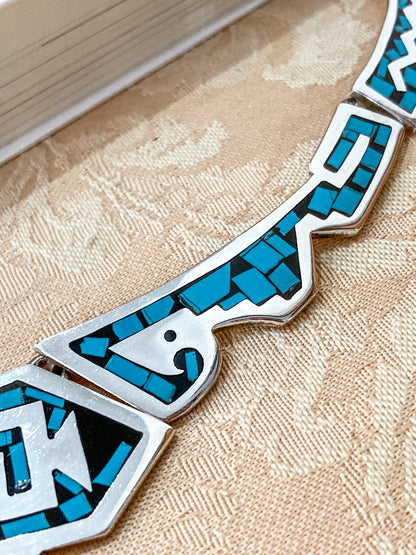 Vintage TAXCO Sterling Silver Turquoise Mosaic Inlay Segmented Necklace