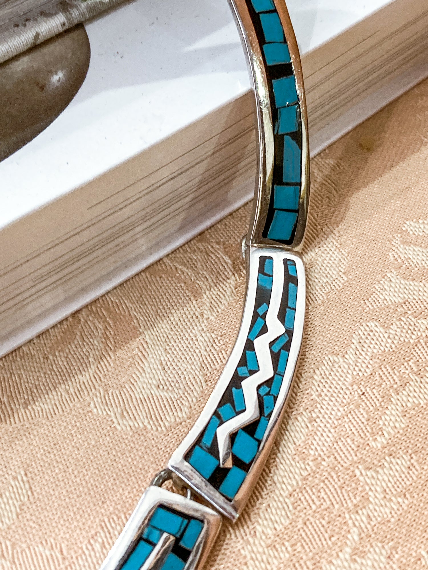 Vintage TAXCO Sterling Silver Turquoise Mosaic Inlay Segmented Necklace
