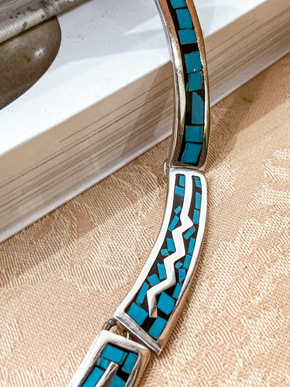 Vintage TAXCO Sterling Silver Turquoise Mosaic Inlay Segmented Necklace