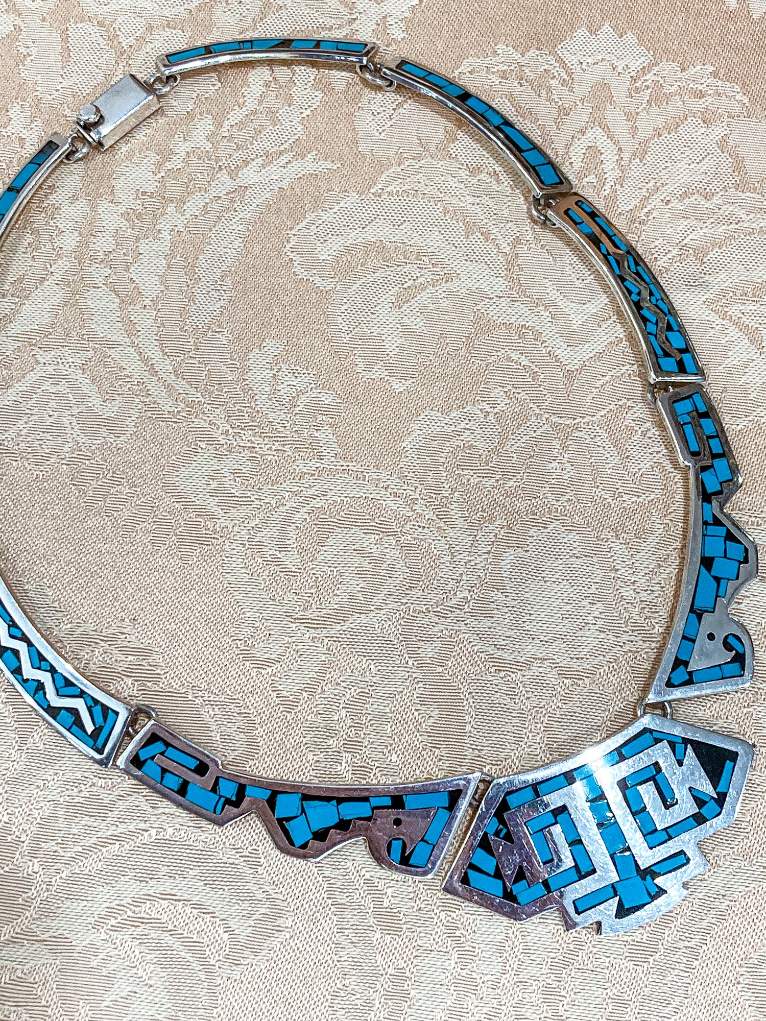 Vintage TAXCO Sterling Silver Turquoise Mosaic Inlay Segmented Necklace