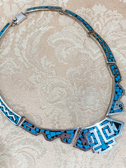 Vintage TAXCO Sterling Silver Turquoise Mosaic Inlay Segmented Necklace