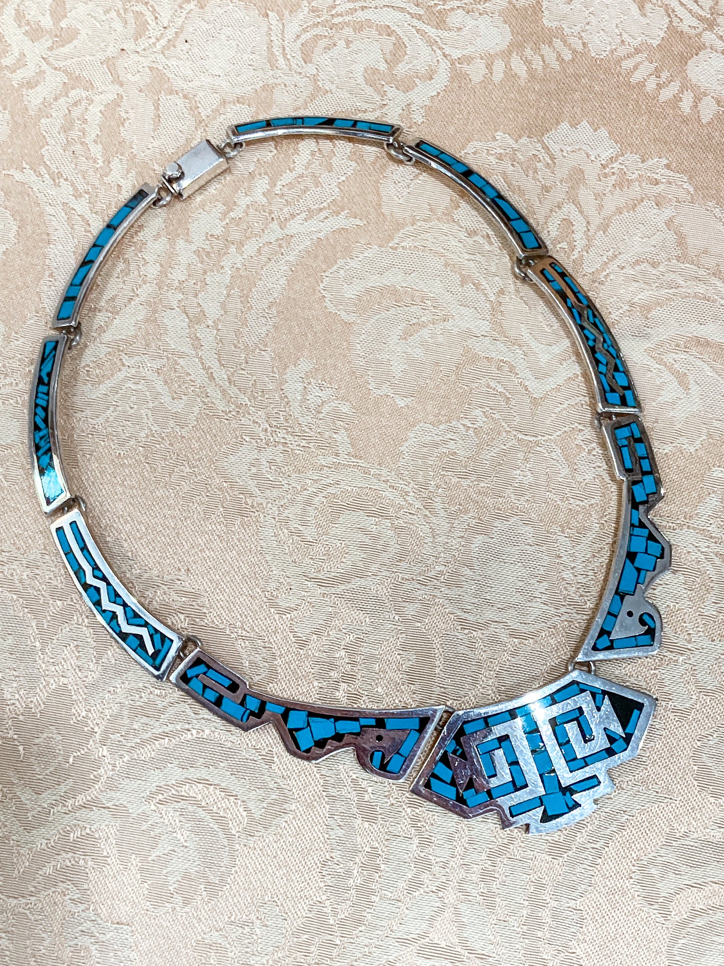 Vintage TAXCO Sterling Silver Turquoise Mosaic Inlay Segmented Necklace