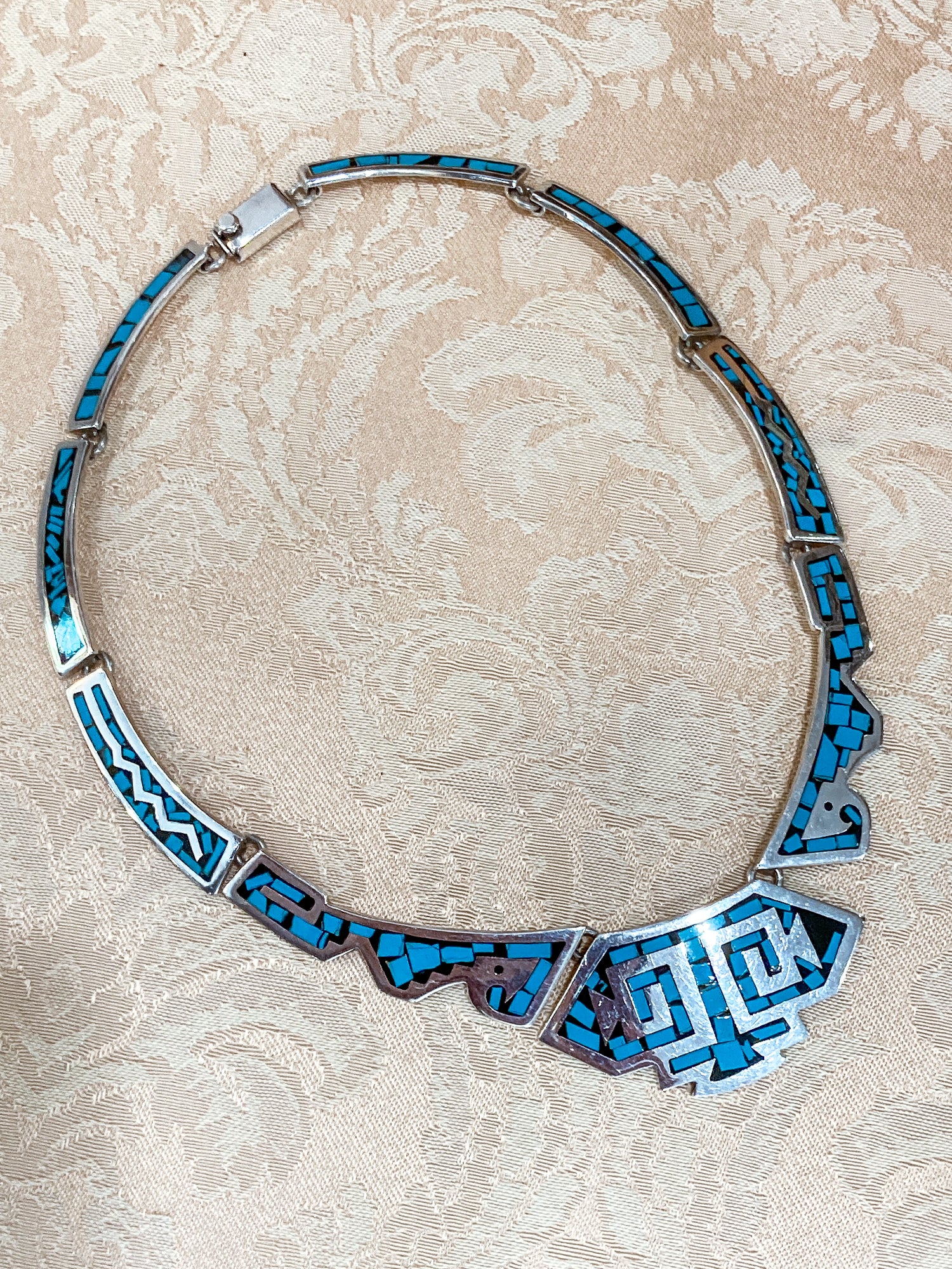 Vintage TAXCO Sterling Silver Turquoise Mosaic Inlay Segmented Necklace