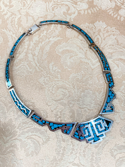 Vintage TAXCO Sterling Silver Turquoise Mosaic Inlay Segmented Necklace