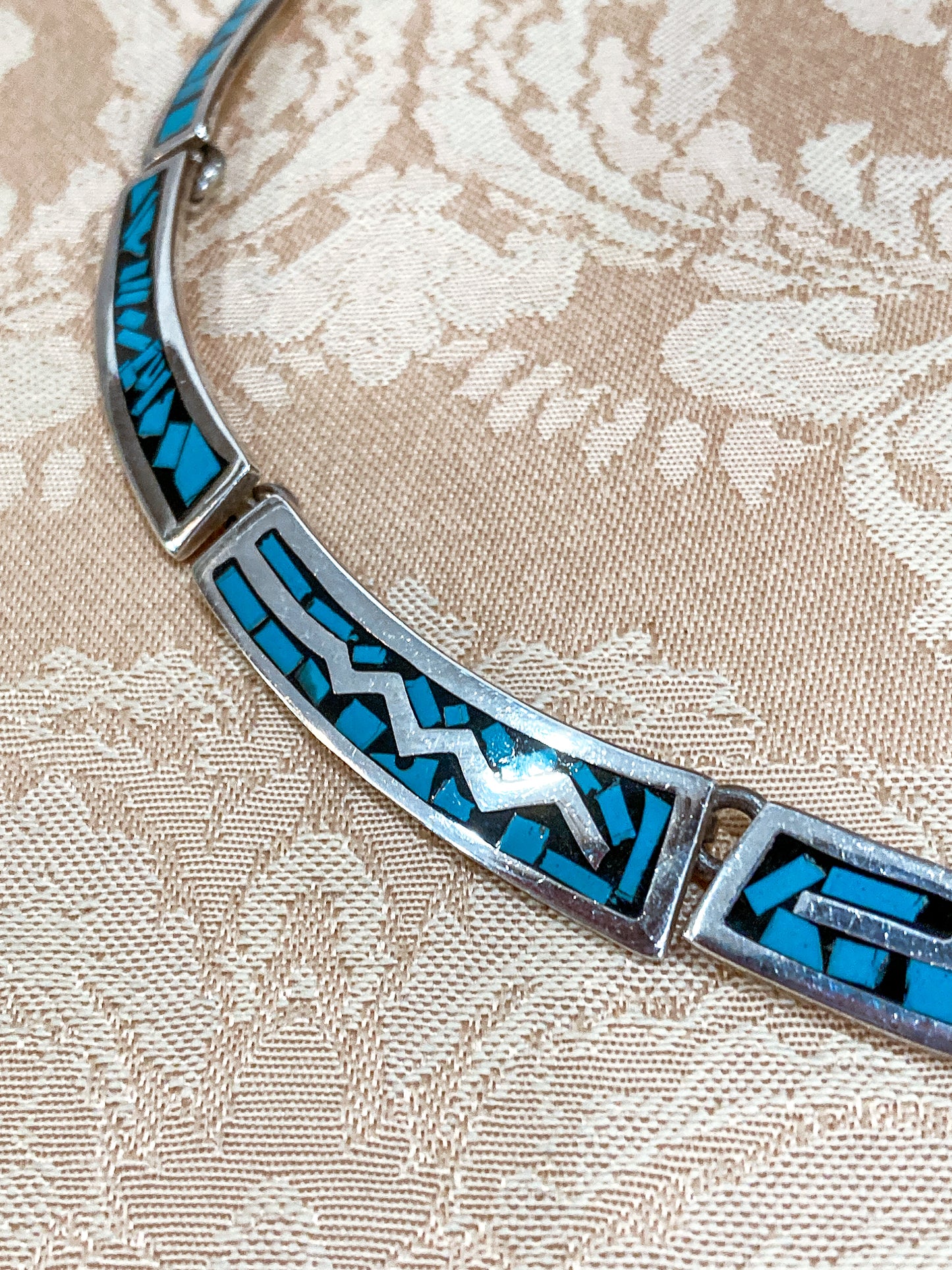 Vintage TAXCO Sterling Silver Turquoise Mosaic Inlay Segmented Necklace