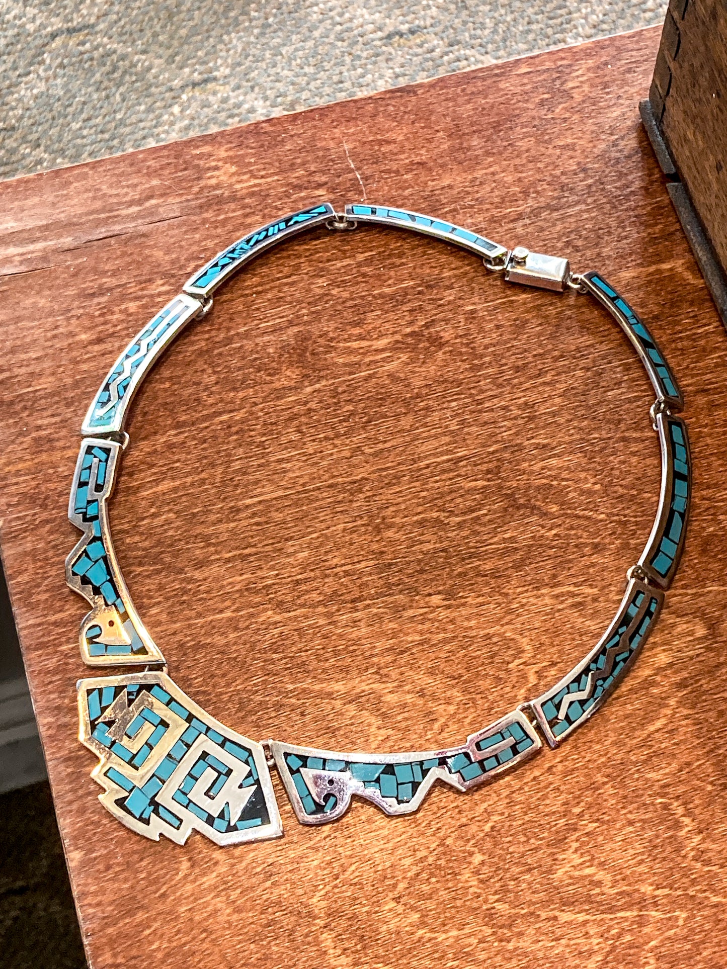 Vintage TAXCO Sterling Silver Turquoise Mosaic Inlay Segmented Necklace