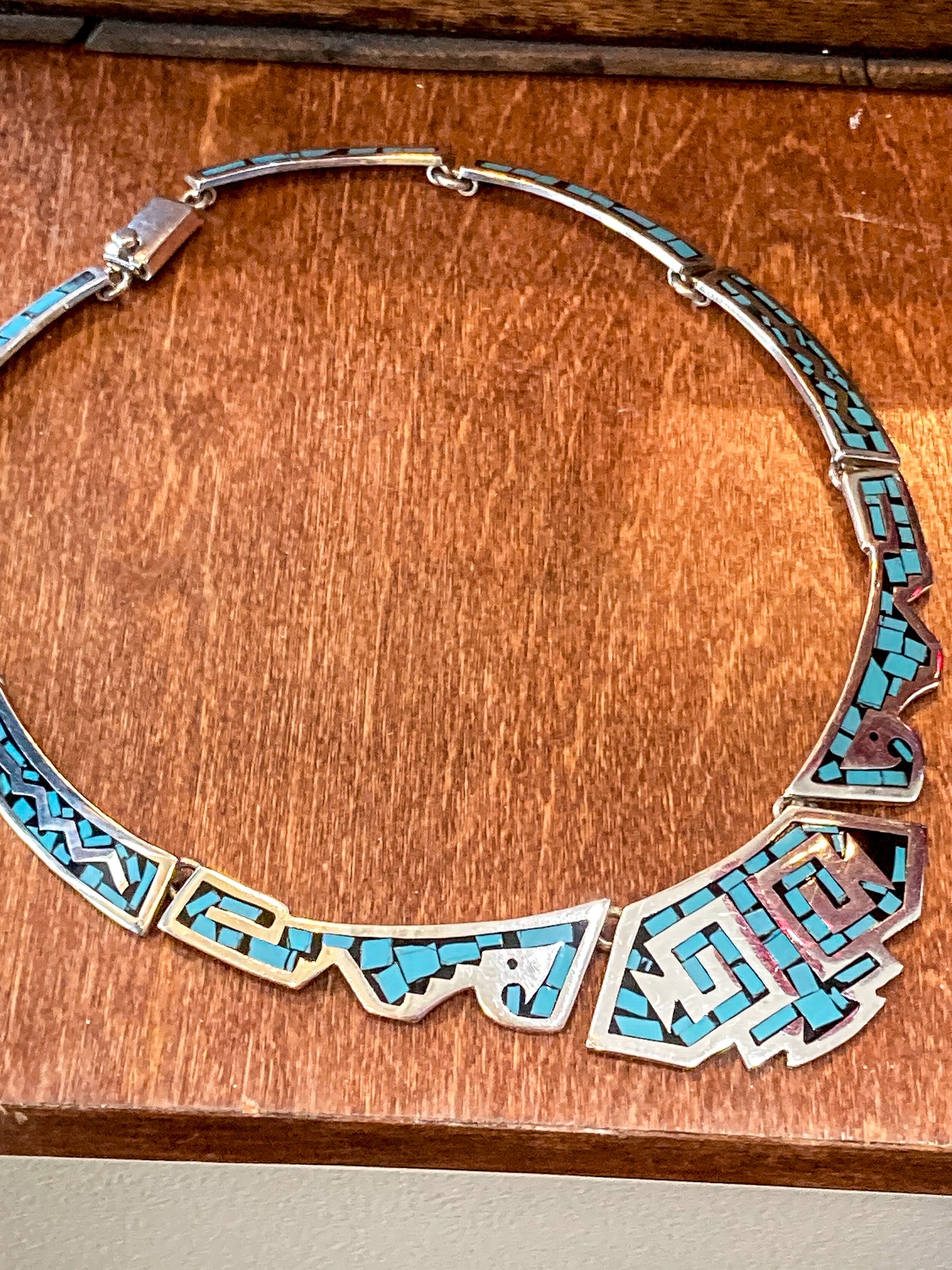 Vintage TAXCO Sterling Silver Turquoise Mosaic Inlay Segmented Necklace
