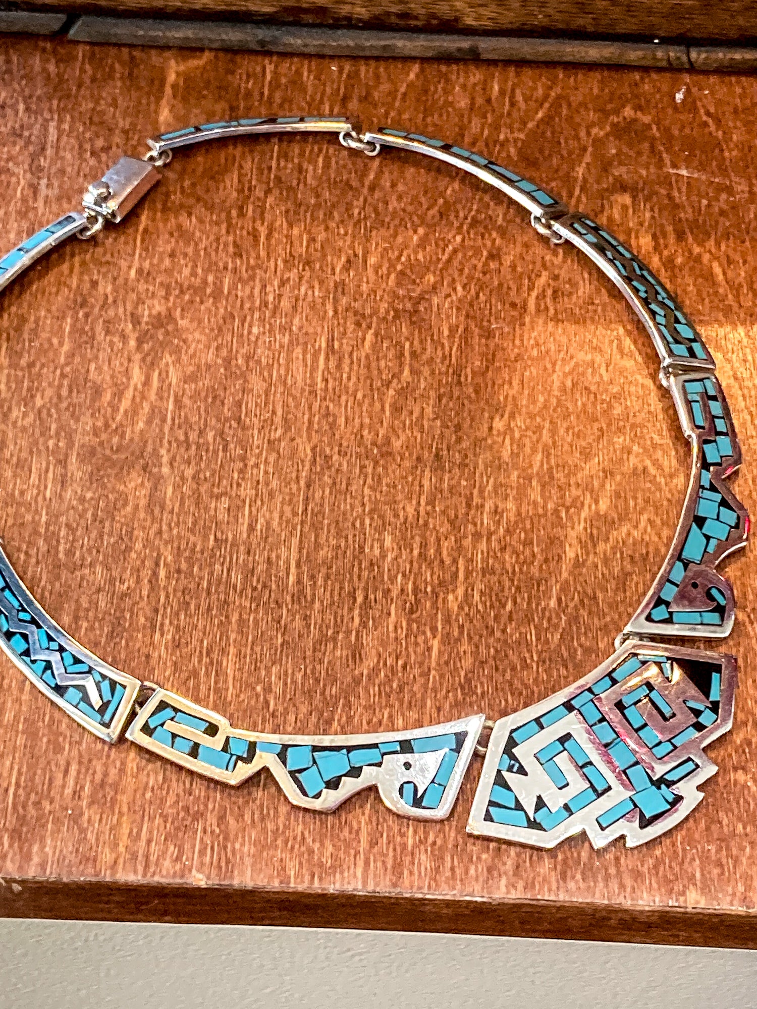 Vintage TAXCO Sterling Silver Turquoise Mosaic Inlay Segmented Necklace
