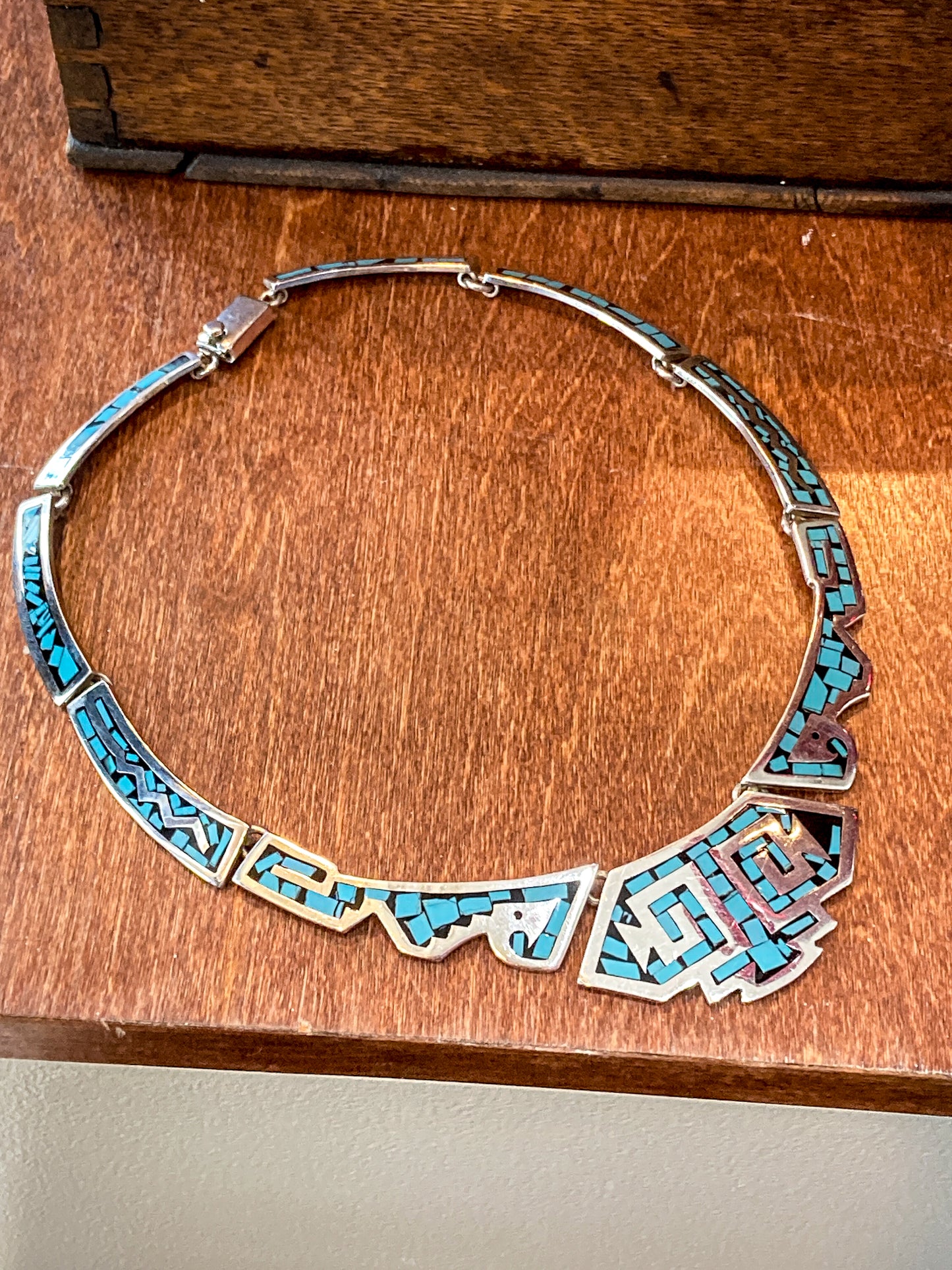 Vintage TAXCO Sterling Silver Turquoise Mosaic Inlay Segmented Necklace