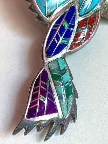 Multicolored inlaid Vintage Sterling Silver Turquoise Gemstone Mosaic Inlay Hummingbird Brooch jewelry piece on a white background