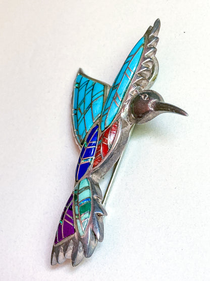 Vintage Sterling Silver Turquoise Gemstone Mosaic Inlay Hummingbird Brooch