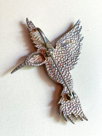 Vintage Sterling Silver Turquoise Gemstone Mosaic Inlay Hummingbird Brooch