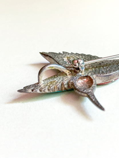 Vintage Sterling Silver Turquoise Gemstone Mosaic Inlay Hummingbird Brooch