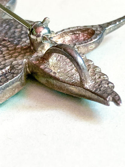 Vintage Sterling Silver Turquoise Gemstone Mosaic Inlay Hummingbird Brooch