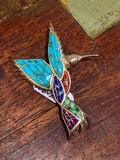 Vintage Sterling Silver Turquoise Gemstone Mosaic Inlay Hummingbird Brooch