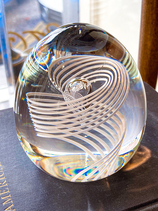 Vintage Steuben White Latticino Spiral Clear Crystal Egg Paperweight