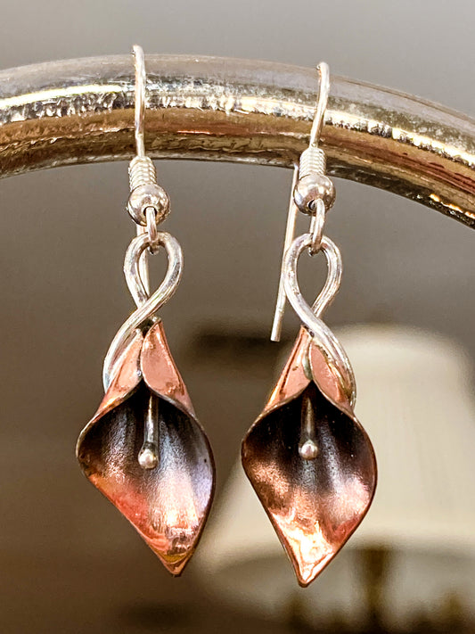 Artisan Stuart Nye Sterling Silver Copper Lily French Drop Dangle Earrings