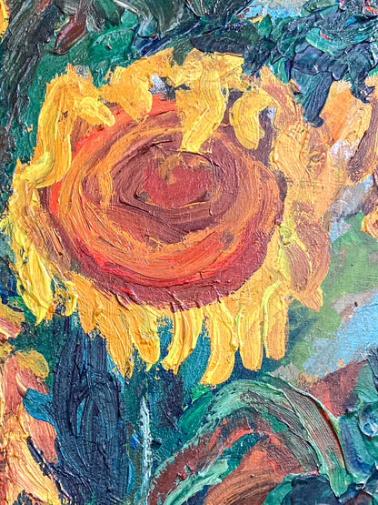 Vintage Sue Jean Covacevich (1905-1998) Sunflowers Framed Canvas Oil Painting