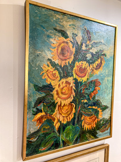 Vintage Sue Jean Covacevich (1905-1998) Sunflowers Framed Canvas Oil Painting