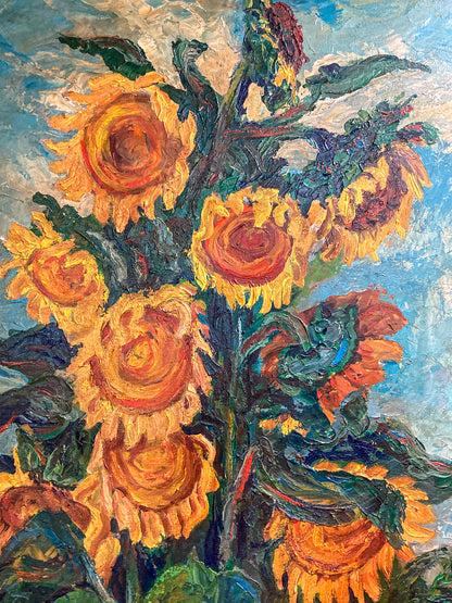 Vintage Sue Jean Covacevich (1905-1998) Sunflowers Framed Canvas Oil Painting