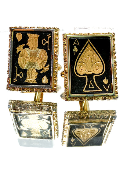 Vintage Swank Damascene Gold Plated Black Playing Card Cufflinks