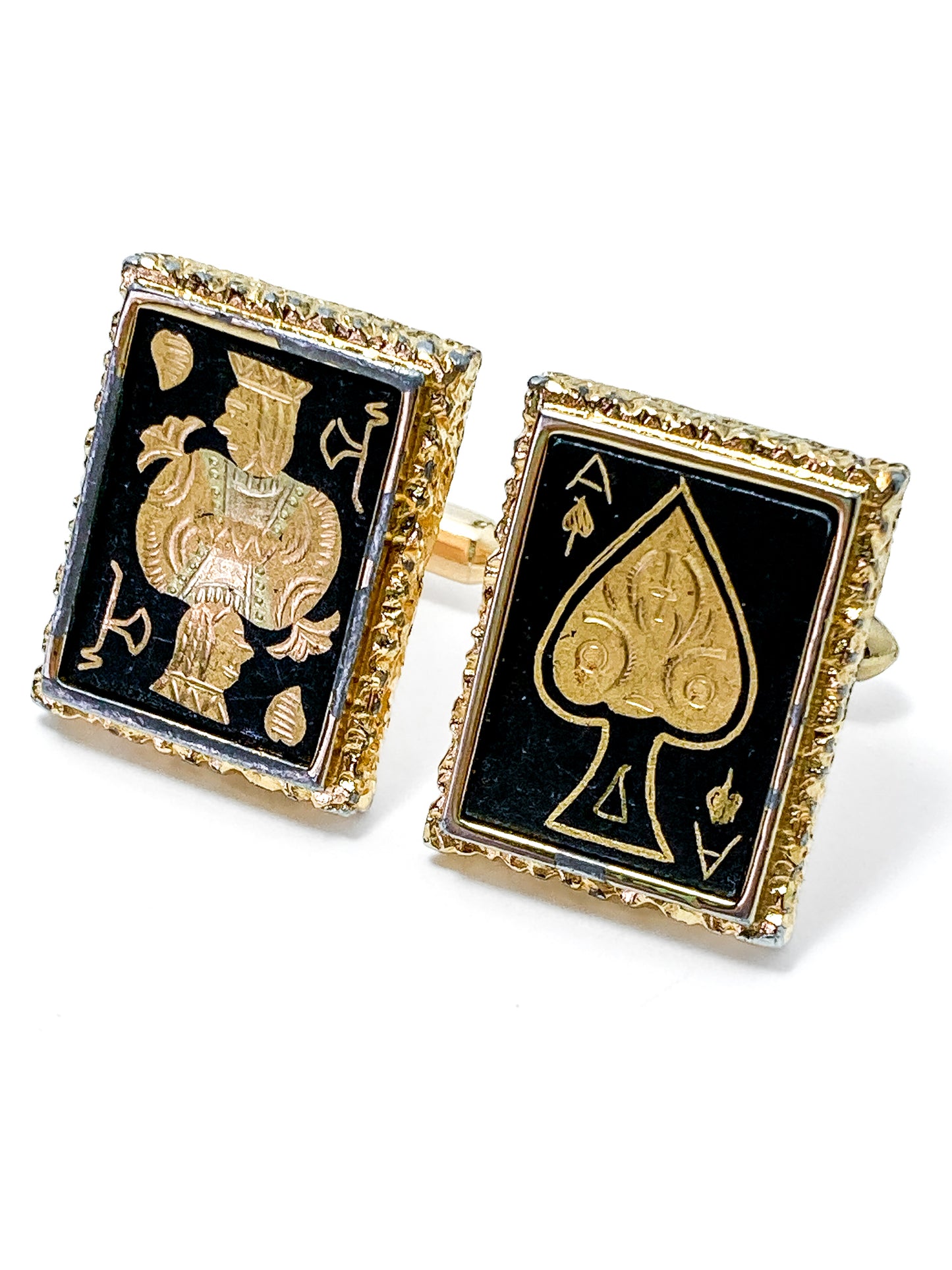 Vintage Swank Damascene Gold Plated Black Playing Card Cufflinks