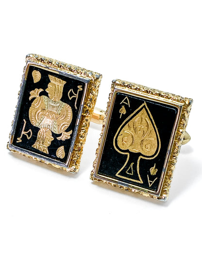Vintage Swank Damascene Gold Plated Black Playing Card Cufflinks