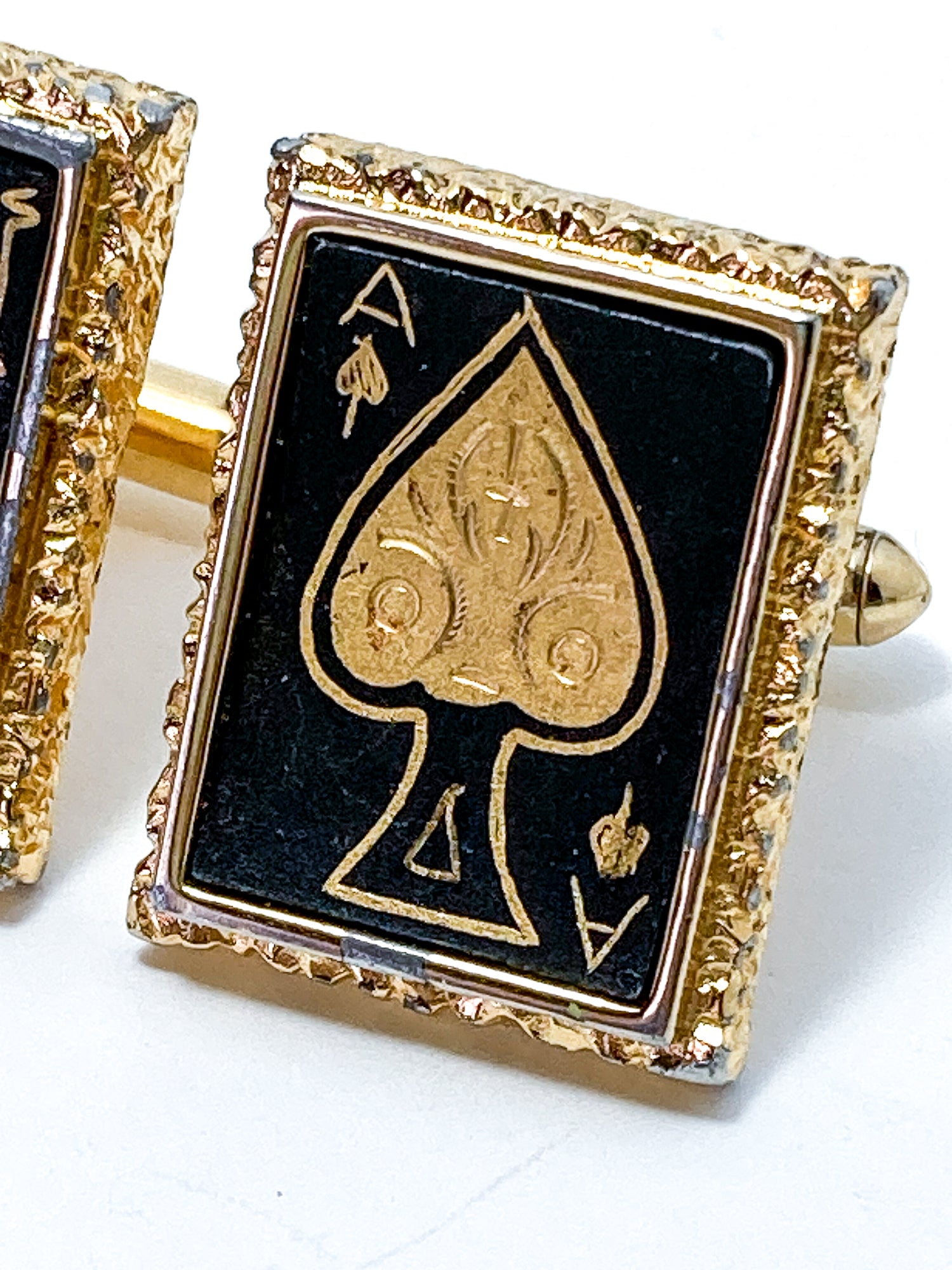 Vintage Swank Damascene Gold Plated Black Playing Card Cufflinks