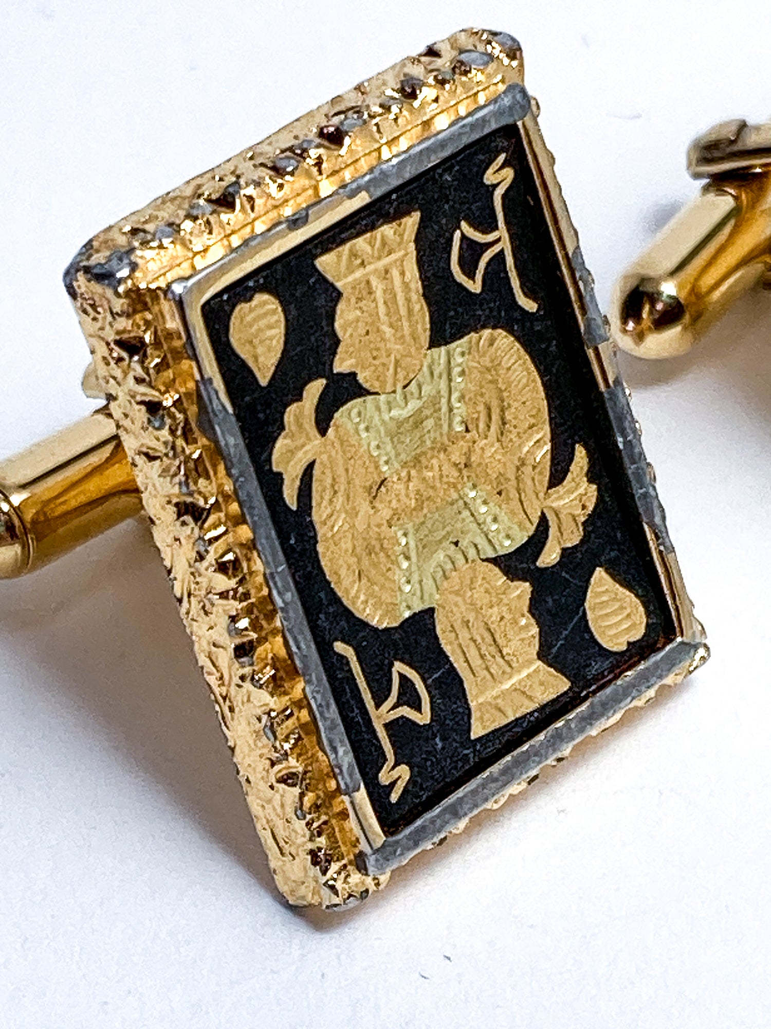 Vintage Swank Damascene Gold Plated Black Playing Card Cufflinks