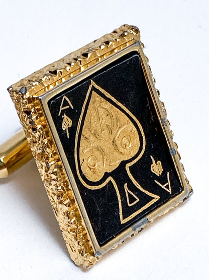 Vintage Swank Damascene Gold Plated Black Playing Card Cufflinks