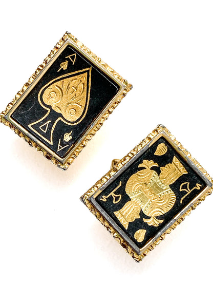 Vintage Swank Damascene Gold Plated Black Playing Card Cufflinks