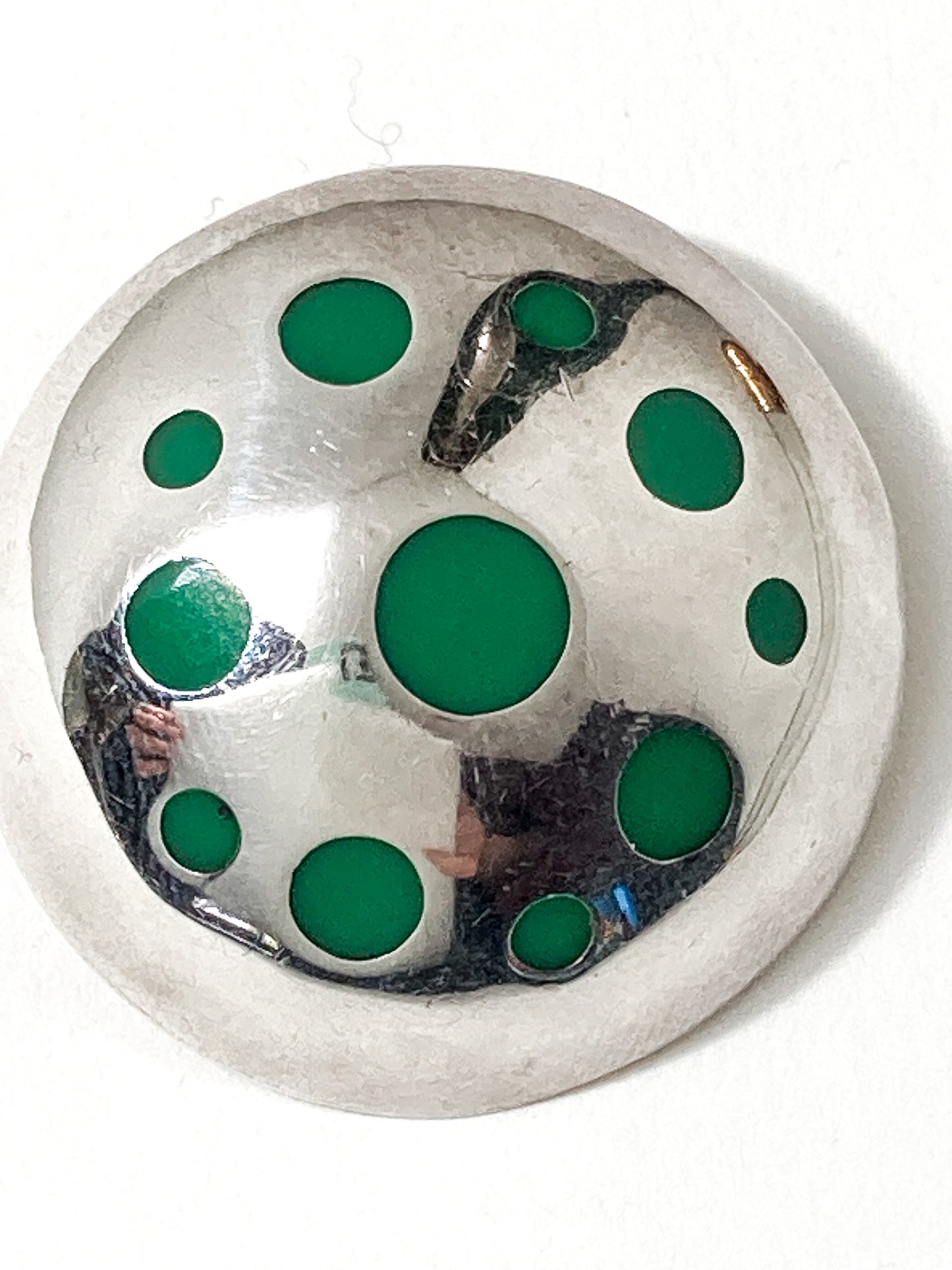 Vintage TAXCO Mexico Sterling Silver Green Domed Circle Brooch